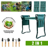 GARDEN KNEELER PADDED PAD SEAT STOOL 2 in1 GARDENING WORK 6 TOOLS + 2 POUCHES
