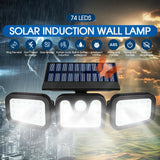 3 Head Solar Motion Sensor Light Outdoor Garden Wall Security Flood Lamp 74LEDs