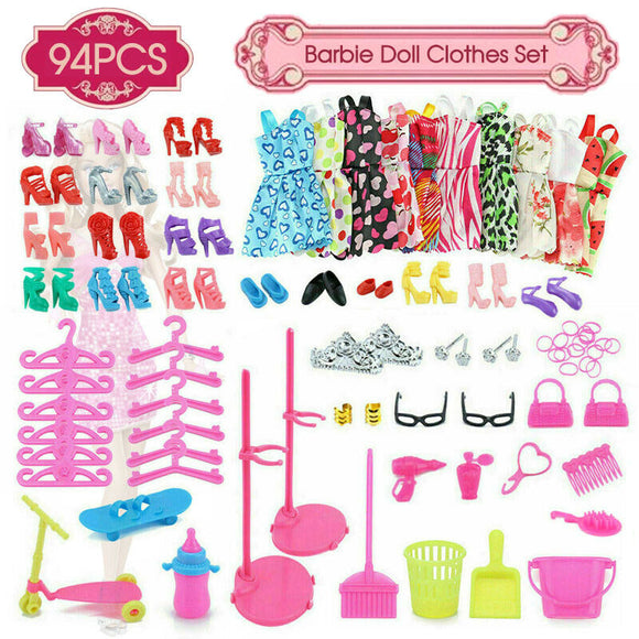 94Pcs for Barbie Doll Clothes Accessories Huge Lot Party Gown Outfits Girl Gift