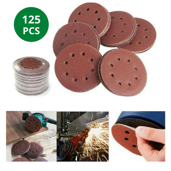 125x 8-Hole 125mm Sanding Discs Pads Sandpaper Hook&Loop 60-240 Grits Mats