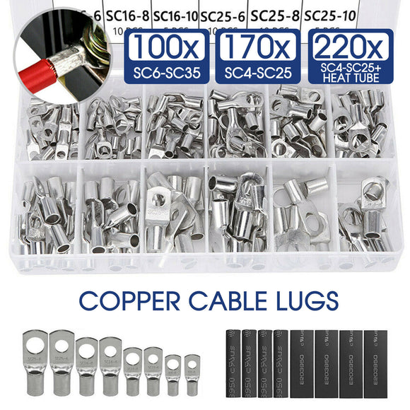 100X/170X/220X Tinned Battery Copper Cable Lugs Crimp Terminals Set