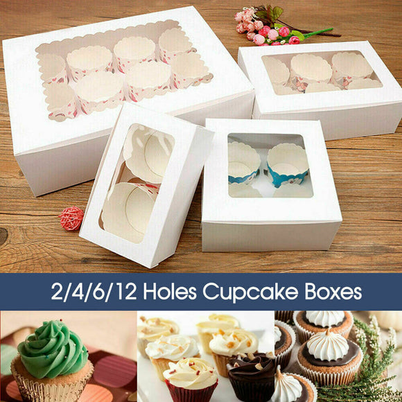 10x Cupcake Boxes 2/4/6/12 Holes Clear Window Cupcake Display Boxes Muffin Cups