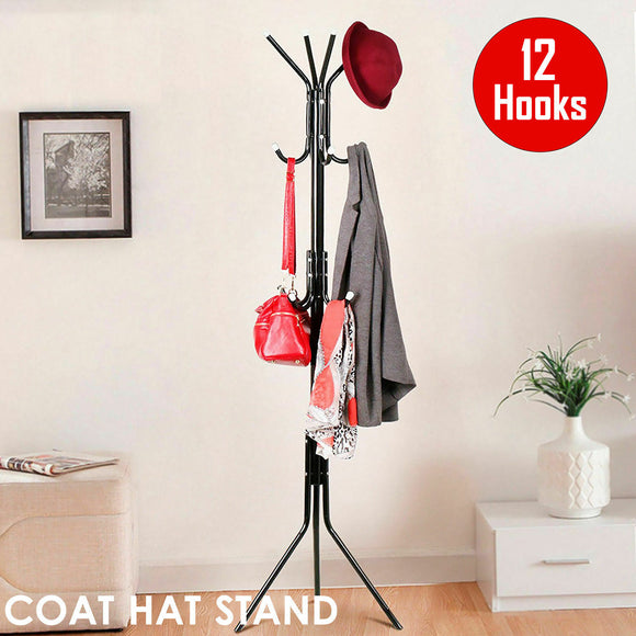 12 Hook Coat Hanger Stand 3-Tier Hat Clothes Rack Metal Tree Style Storage Black