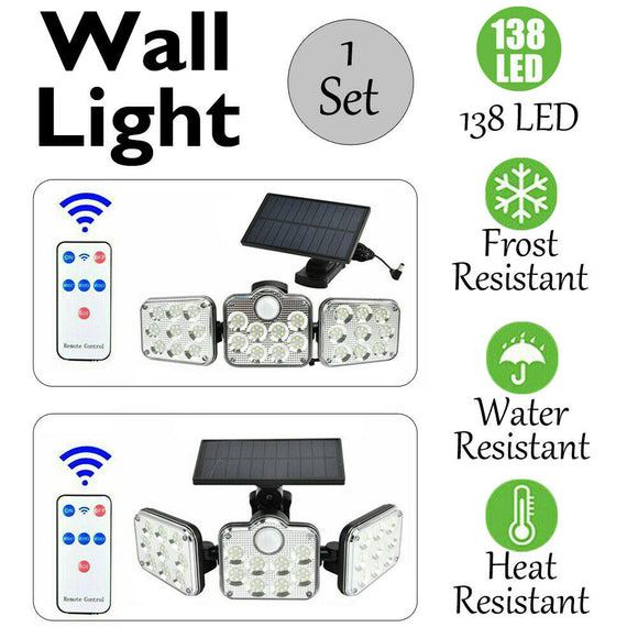 Outdoor Security Flood Lamp 3 Head 138 LED Solar Motion Sensor Light Garden Wall