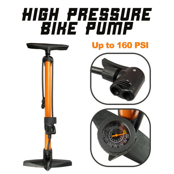 160 PSI High Pressure Air Pump Bicycle Bike Alloy Floor Dual Valve Gauge