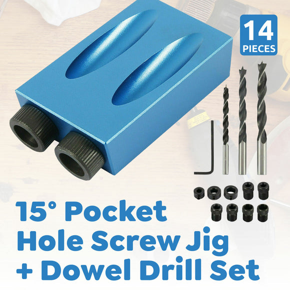 Hole Locator 15° Pocket Hole Screw Jig Dowel Drill Set Wood Tool kit Angle 14PCS